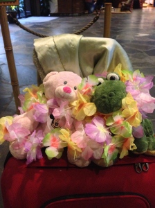 Pink Teddy and Aligator getting the royal treatment as we checked into the Polynesian Hotel.