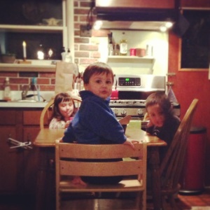Otto, Mette and Harry all having dinner together at Grandpa Chris and Nonna Jen's.