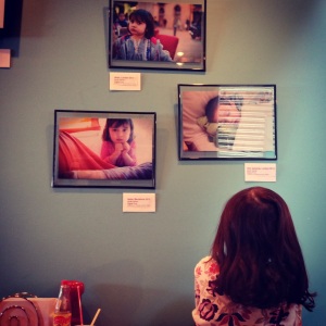 Good friend Sarah Gainer is having an art show at Cherry Alley and on display are some pictures she took of the kids in London and Barcelona.  Mette now declares herself "famous."